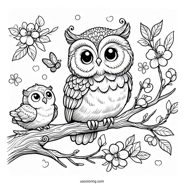 Cute Coloring Page Realistic Owls Perched On A Tree Branch