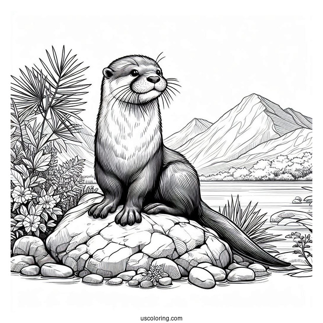 Realistic Otter Coloring Page Sitting On Rock