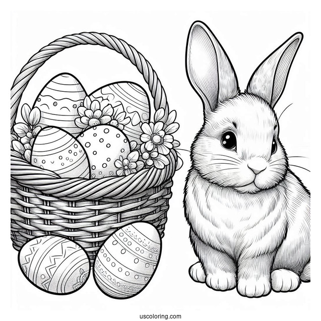 Easter Coloring Page Of Realistic Bunny Next To Basket Of Easter Eggs