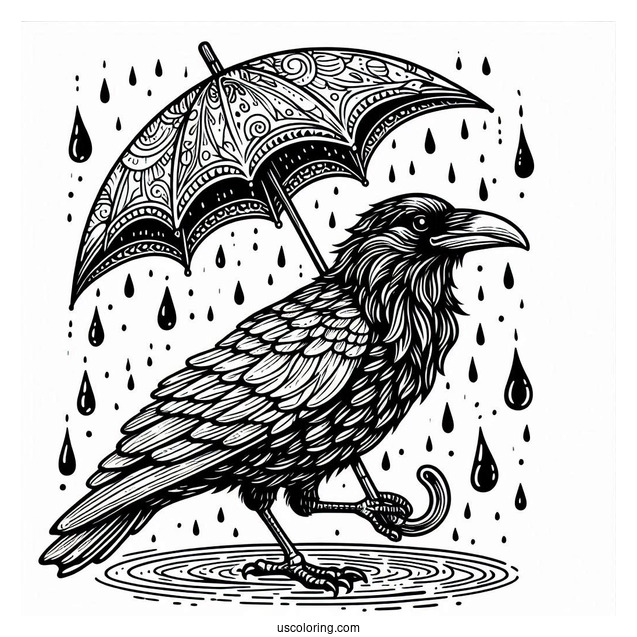 Raven Coloring Page Holding An Umbrella In The Rain