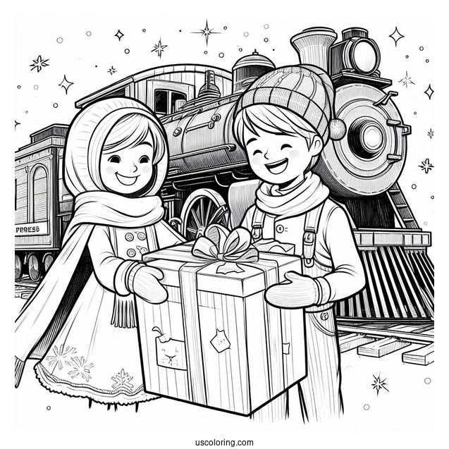 Polar Express Coloring Page Of Hero Boy And Sister Opening A Present