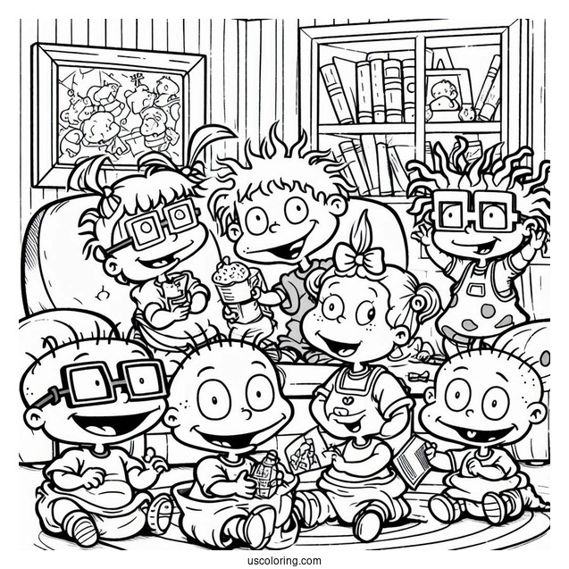 Rugrats Coloring Page Of Rugrats Tommy, Angelika, Chuckie, Susie, Lillian, And Philip In Living Room