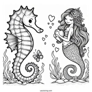 Seahorse And Mermaid With Love Heart To Color