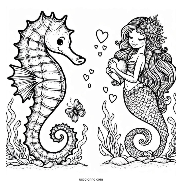 Seahorse And Mermaid With Love Heart To Color