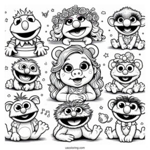 Muppets Coloring Page Of Babies Kermit, Miss Piggy, Fozzie, Gonzo, Animal, Rowlf, And Beaker