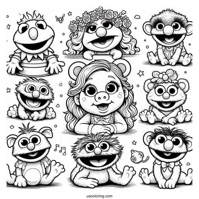 Muppets Coloring Page Of Babies Kermit, Miss Piggy, Fozzie, Gonzo, Animal, Rowlf, And Beaker
