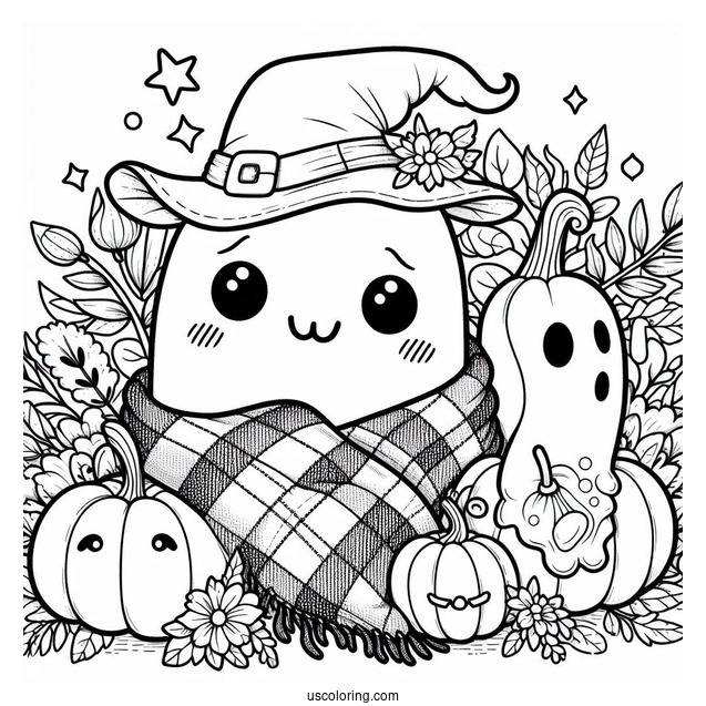 Pumpkin Coloring Page Kawaii Blanket Ghost With Witch Hat, Flowers, And Pumpkin