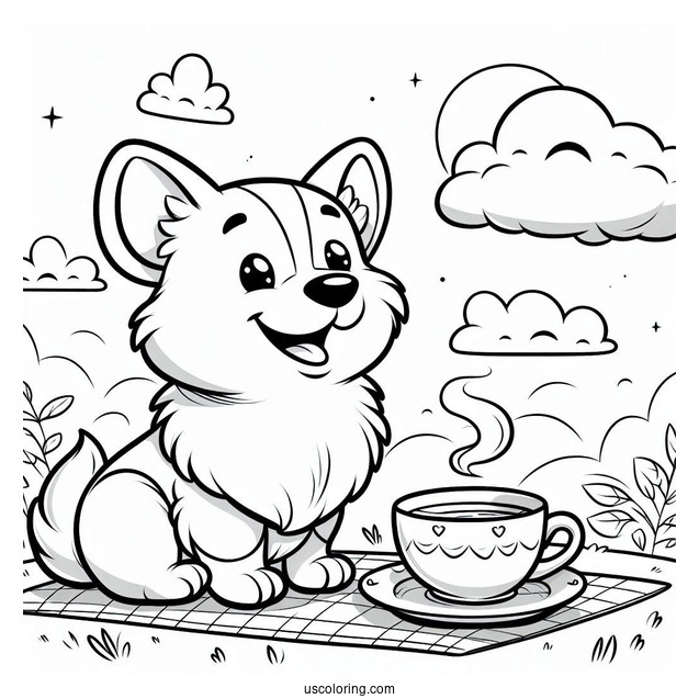Cartoon Corgi Coloring Page In The Clouds Having Tea