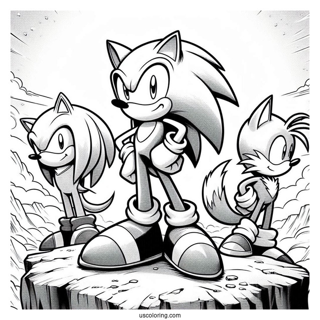 Detailed Sonic,, Knuckles, And Tails Coloring Page Standing On Cliff