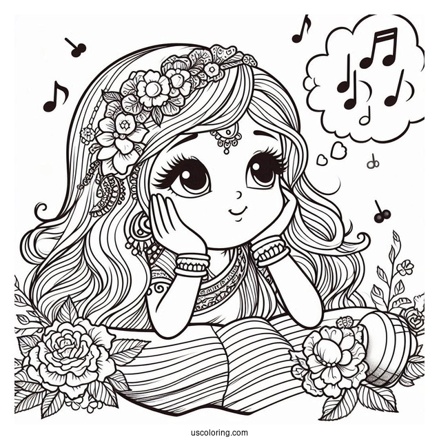 Sing Coloring Page Of Meena Daydreaming While Listening To Music