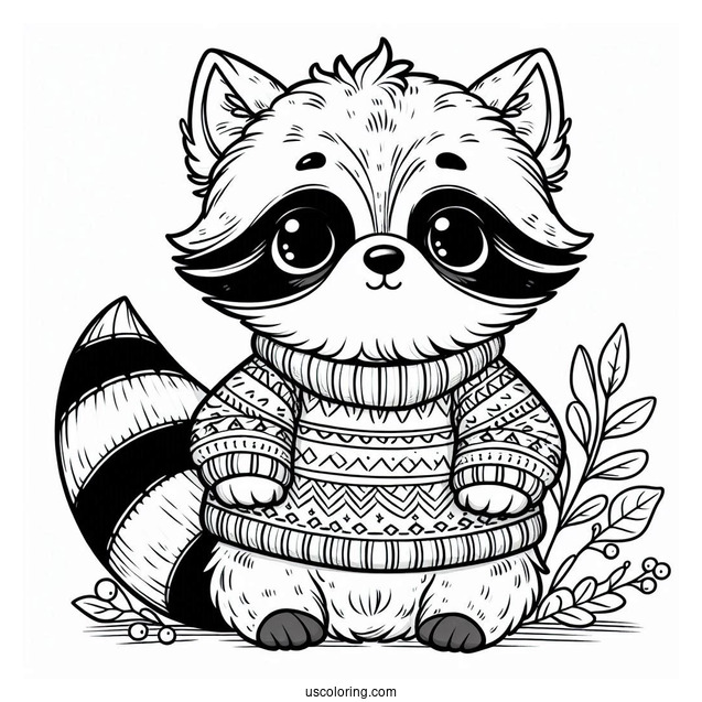Cute Raccoon Coloring Page In A Sweater In Fall