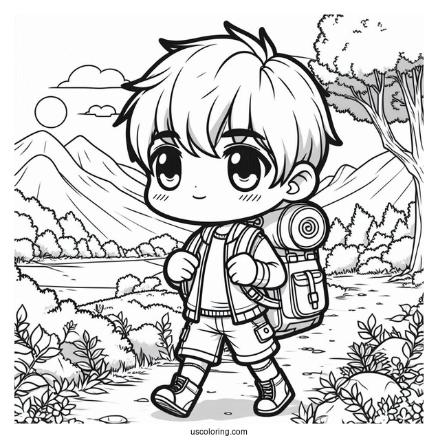 Chibi Coloring Page Schoolboy with Backpack Walking Outdoors
