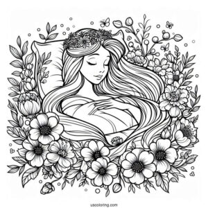 Sleeping Beauty Coloring Page Surrounded By Flowers