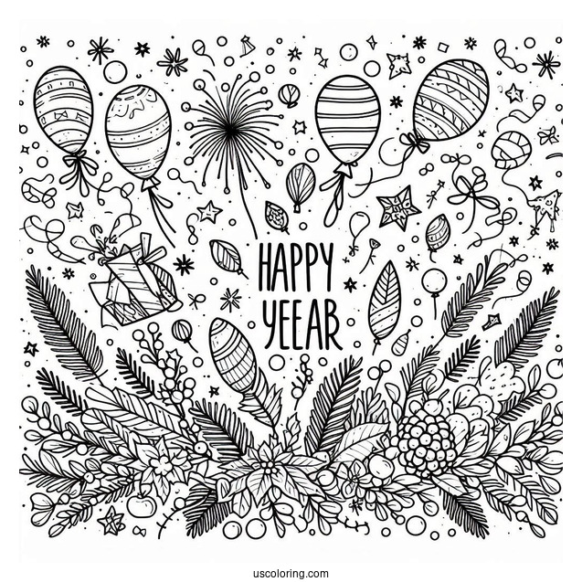 Happy New Year Coloring Page Of Confetti And Balloons
