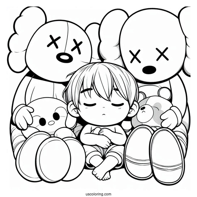 Child Sleeping Between KAWS Coloring Page Companion And Chum