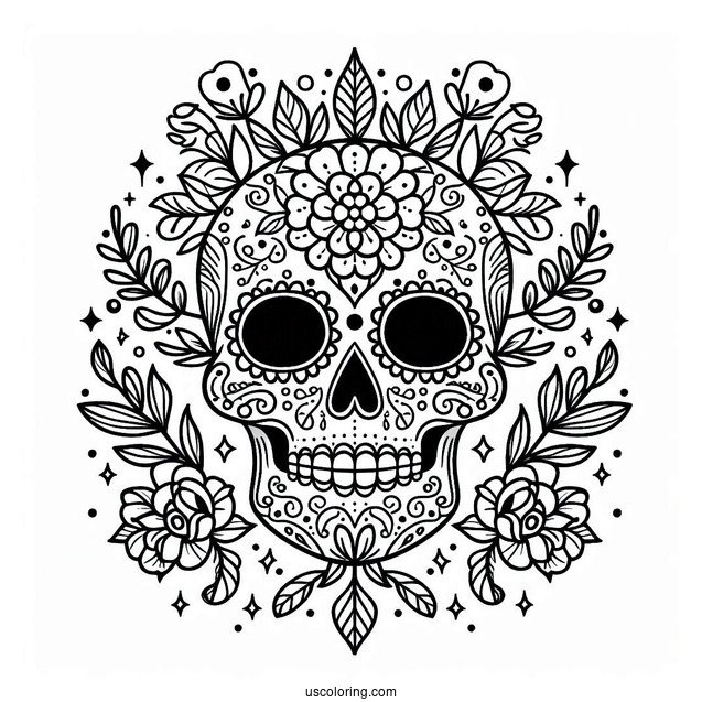 Floral Sugar Skull Coloring Page For Kids