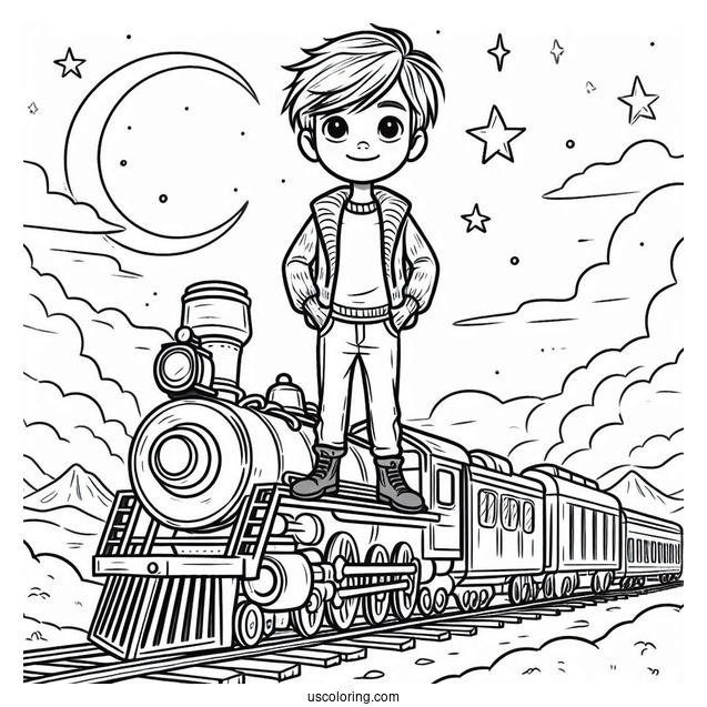 Hero Boy Standing On Top Of ThePolar Express Coloring Page Of Train