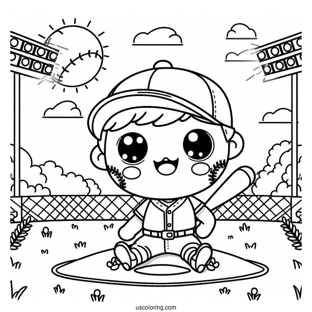 Smiling Baseball Coloring Page at the Ballpark