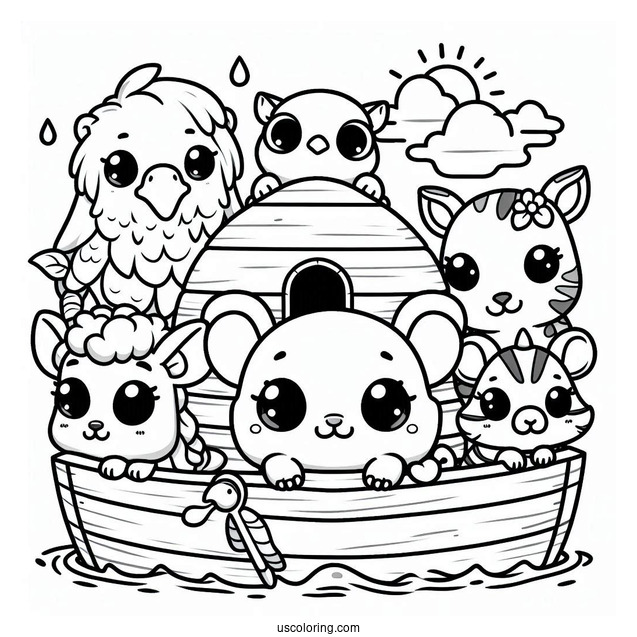 Kawaii Animals Looking Out Of Noah's Ark Coloring Page