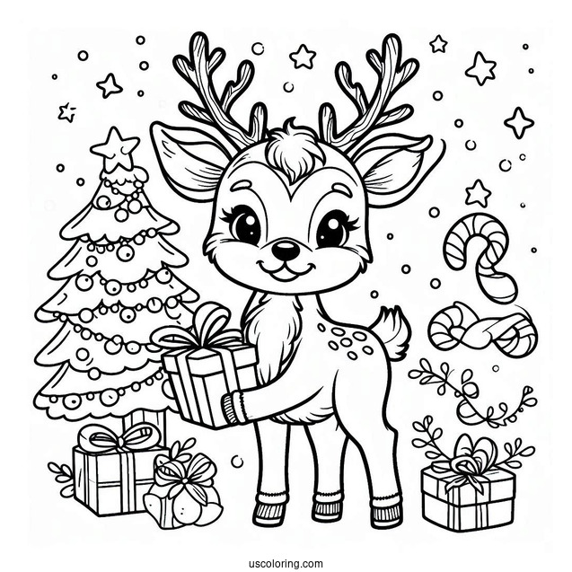 Happy Reindeer Holding a Christmas Gift To Color