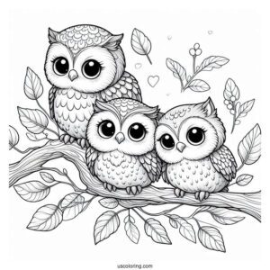 Cute Coloring Page Realistic Owls Perched On A Tree Branch