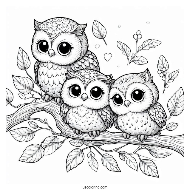 Cute Coloring Page Realistic Owls Perched On A Tree Branch