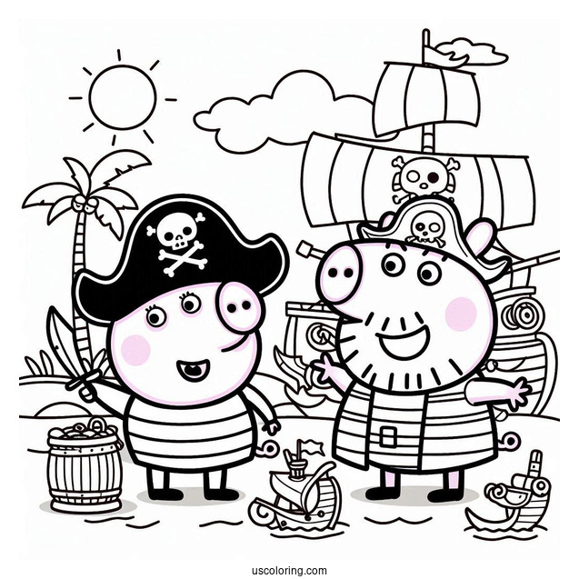 Peppa Pig Playing Pirates With Friend Coloring Page