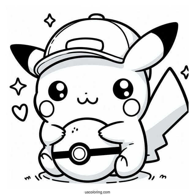 Kawaii Pikachu Hugging A Pokeball Coloring Sheet