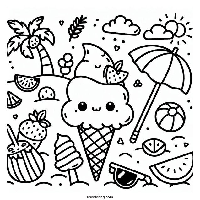 Summer Coloring Page Of Cute Ice Cream For Preschoolers