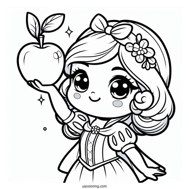 Cute Chibi Snow White Coloring Pages Of Holding Up An Apple For Kids