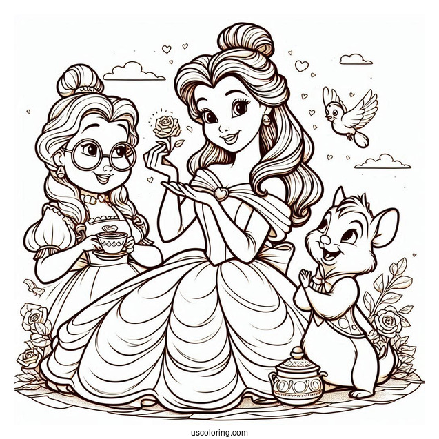 Princess Belle With Mrs Potts And Chip Coloring Page