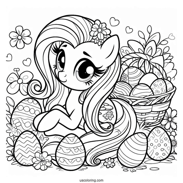 Coloring Sheet of Fluttershy With Easter Eggs and Bunny
