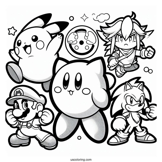 Kirby, Pikachu, Zelda, Sonic, And Little Mac Super Smash Bros Coloring Page