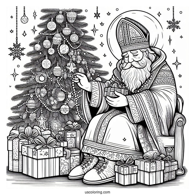 Saint Nicholas Putting Gifts Under Christmas Tree