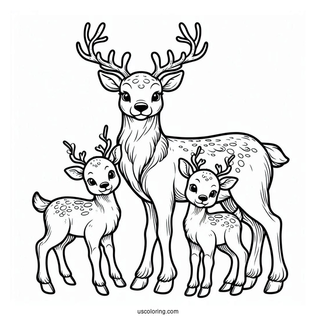Mom Reindeer With Two Babies To Color