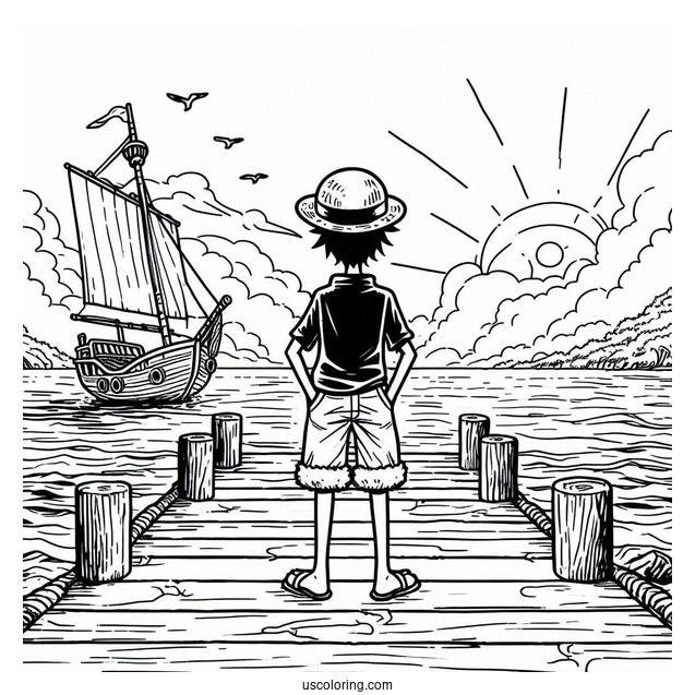 Easy Outline Of Luffy Coloring Page Standing On The Dock