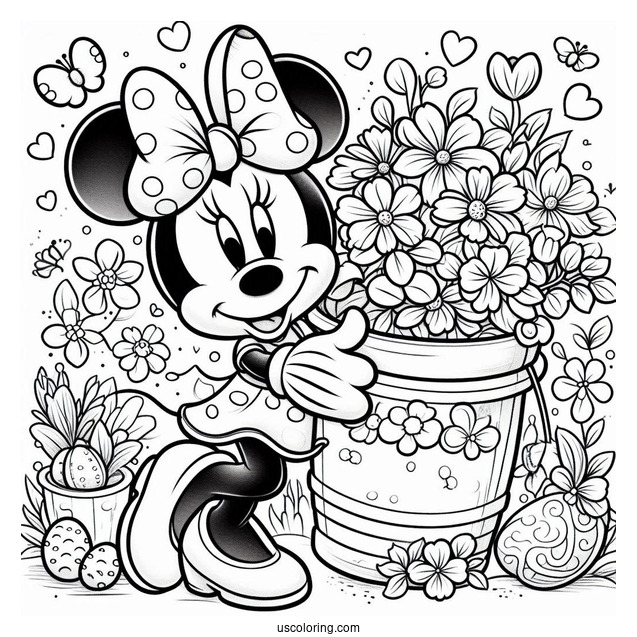 Minnie Mouse Carrying Spring Coloring Page Flower Pot