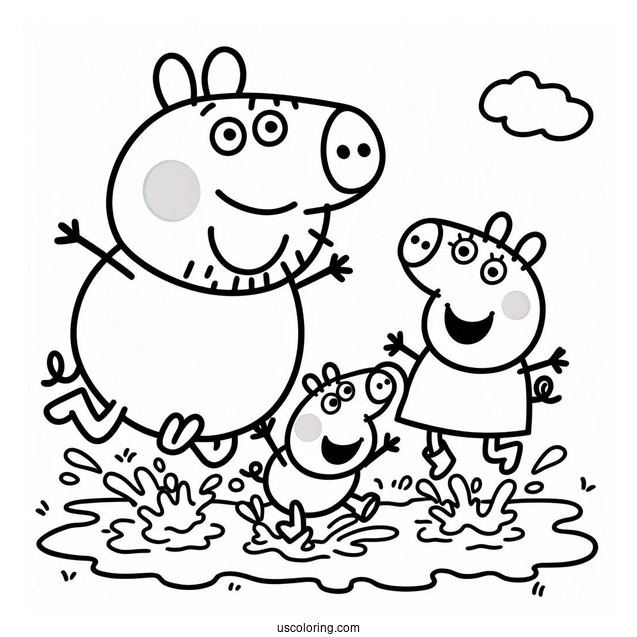 Peppa Pig Family Jumping In Mud Coloring Page