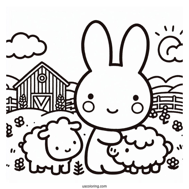 Miffy Coloring Page With Pig And Lamb In A Farm