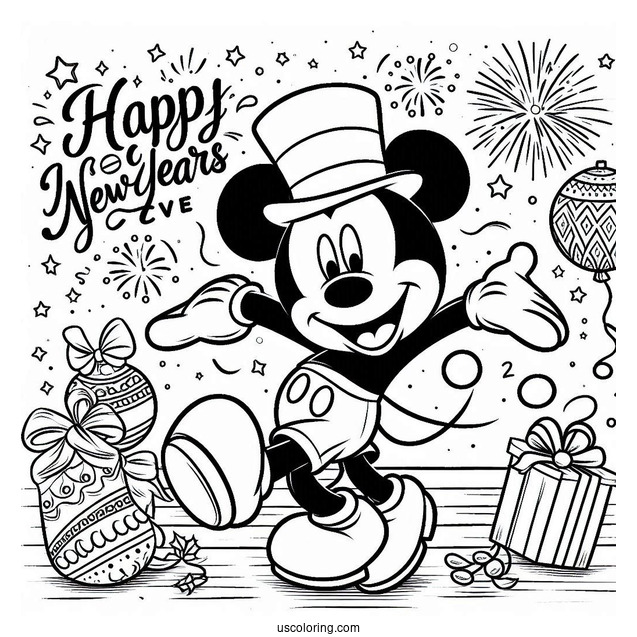 Mickey Mouse Dancing Under Happy New Years Eve Coloring Page For Kids