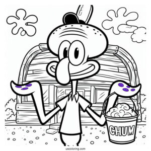 Handsome Squidward Coloring Page Posing In Front Of Chum Bucket