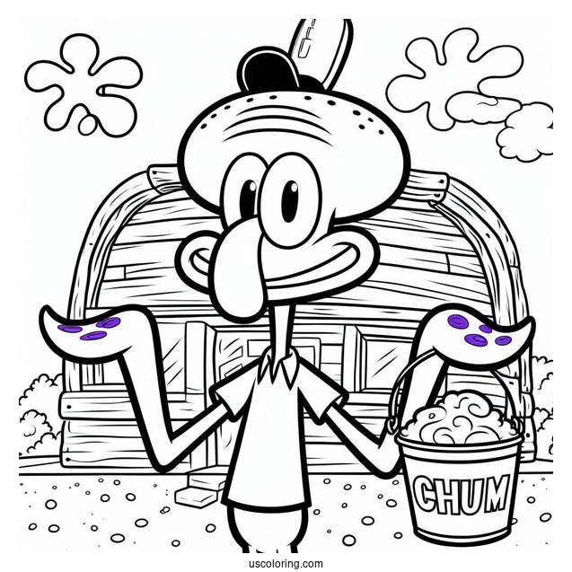 Handsome Squidward Coloring Page Posing In Front Of Chum Bucket