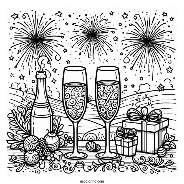 New Year Coloring Page Of Bubbly Wineglasses With Fireworks In The Background