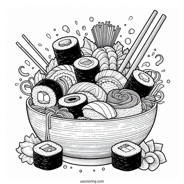 Sushi Coloring Pages Nigiri, Maki, Uramaki, Inaru, And Temari Sushi Bursting From A Ramen