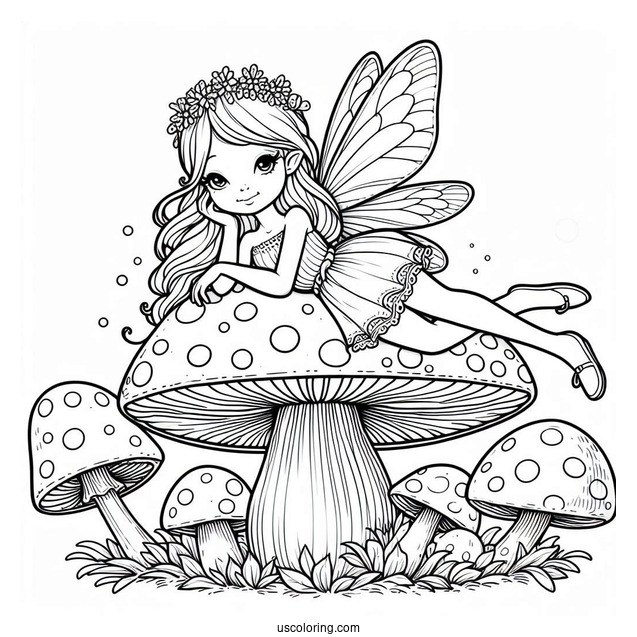 Beautiful Fairy Lounging On Top Of A Mushroom Coloring Page