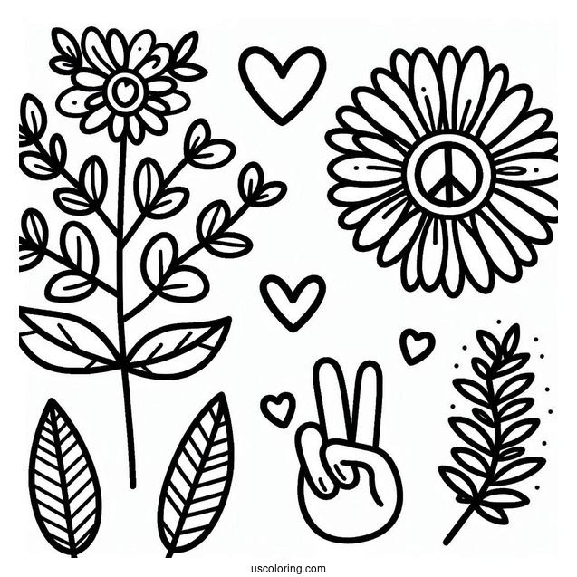 Peace Coloring Page Of Cute Flower With Love Heart For Eyes For Preschoolers
