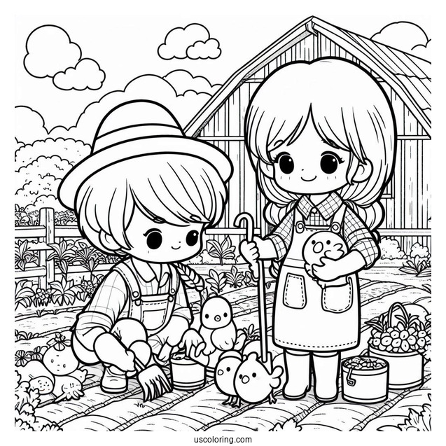 Two Children Working On Farm To Color