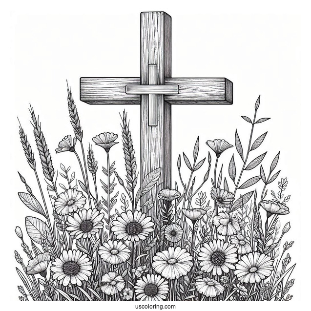 Cross Coloring Page Covered In Wildflowers On A Field