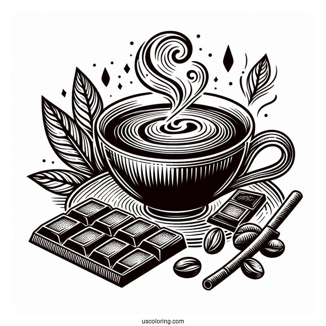 Steaming Coffee Coloring Pages Of Art With Pieces Of Chocolate