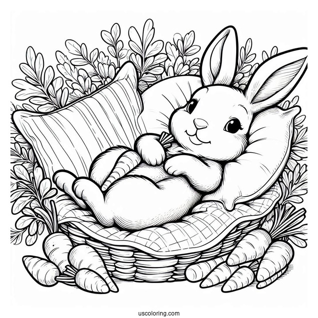 Peter Rabbit Coloring Page Lying On A Bed Of Carrots